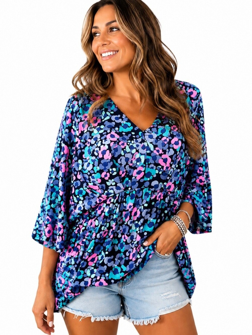 Dear Scarlett Liquid Knit Tunic Top Large Blue Pink Abstract V-Neck Bell Sleeve